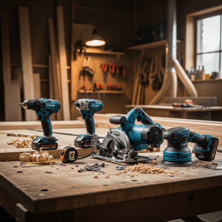 collection of cordless power tools arranged on a wooden work 20260331 084309