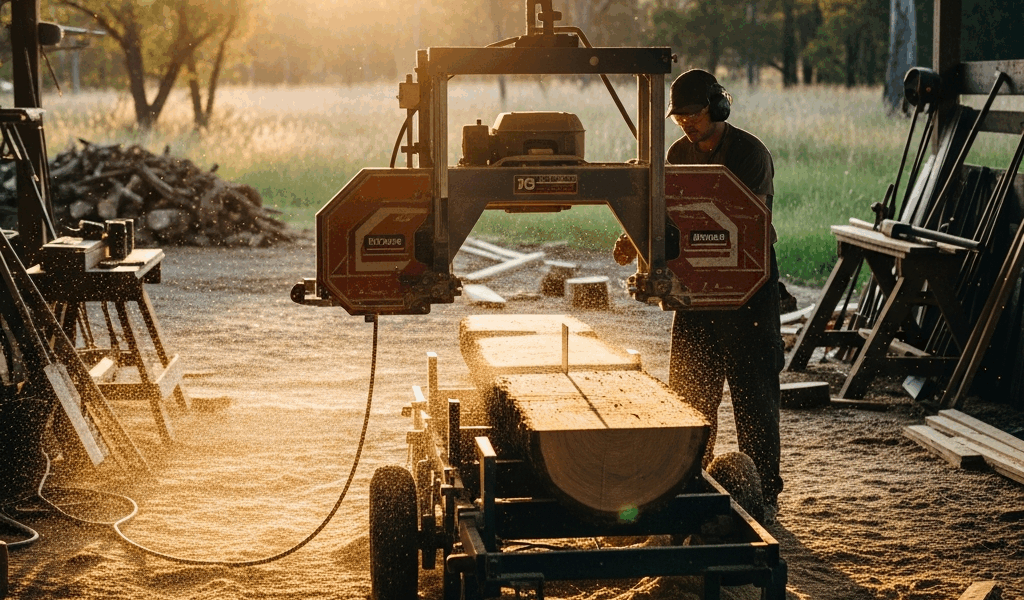 portable band sawmill cutting a log in a rural setting with 20260331 084236