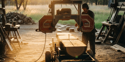portable band sawmill cutting a log in a rural setting with 20260331 084236