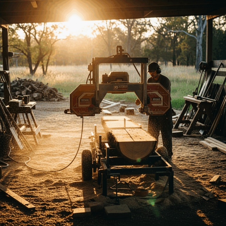 portable band sawmill cutting a log in a rural setting with 20260331 084236