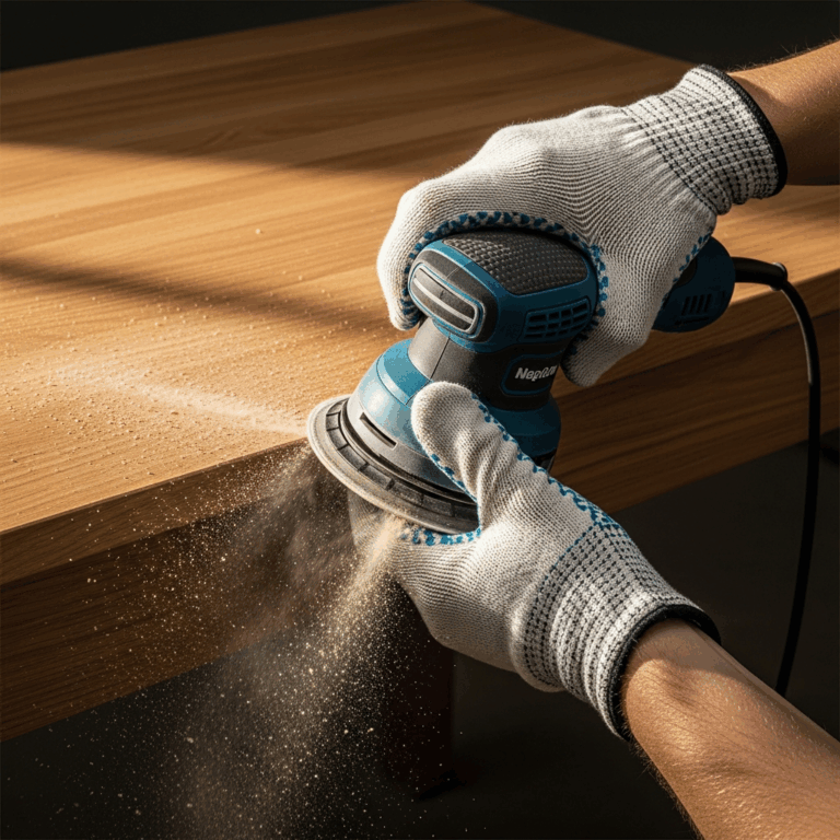 random orbital sander sanding a wooden furniture surface wit 20260331 084344