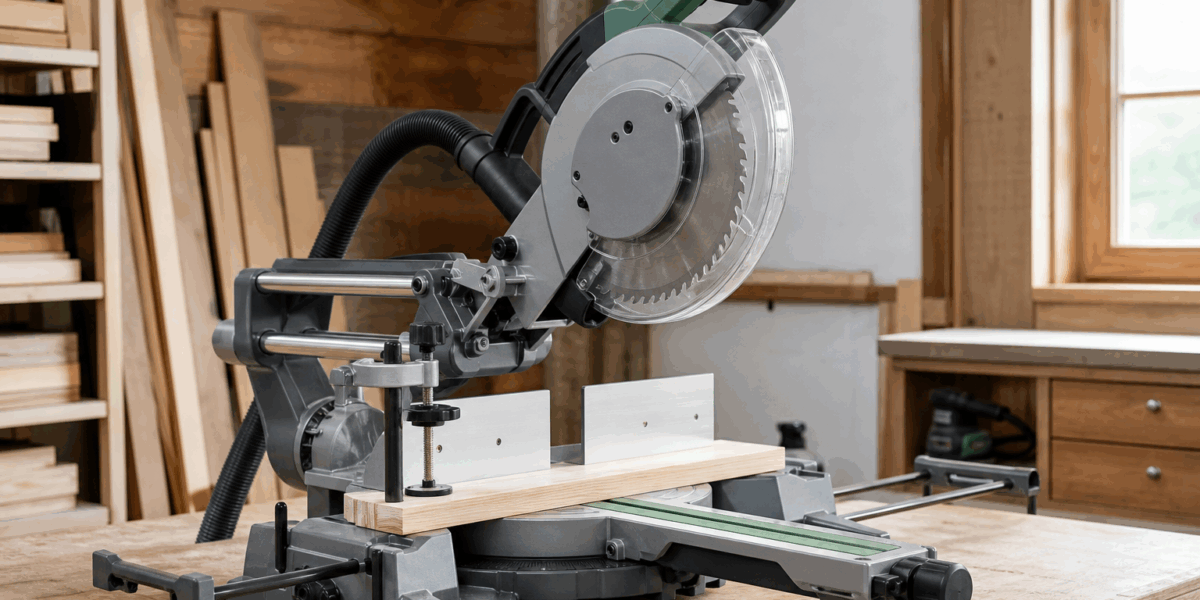 Sliding compound miter saw set up on a woodshop bench